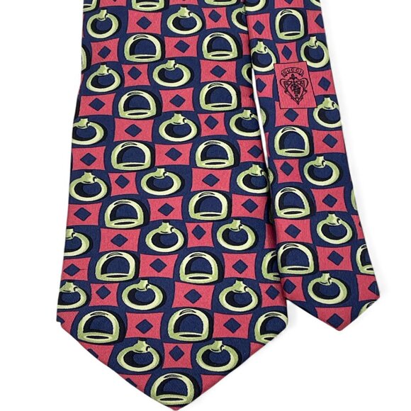 Gucci Silk Tie Italy Made Vintage Horsebit Pink Blue Geometric Horse Equestrian - Picture 1 of 9
